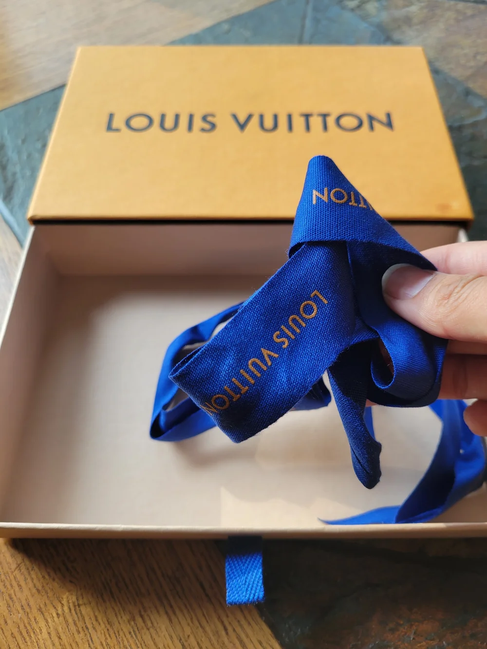 LOUIS VUITTON LV Gift Box Drawer Box Authentic With Blue Ribbon